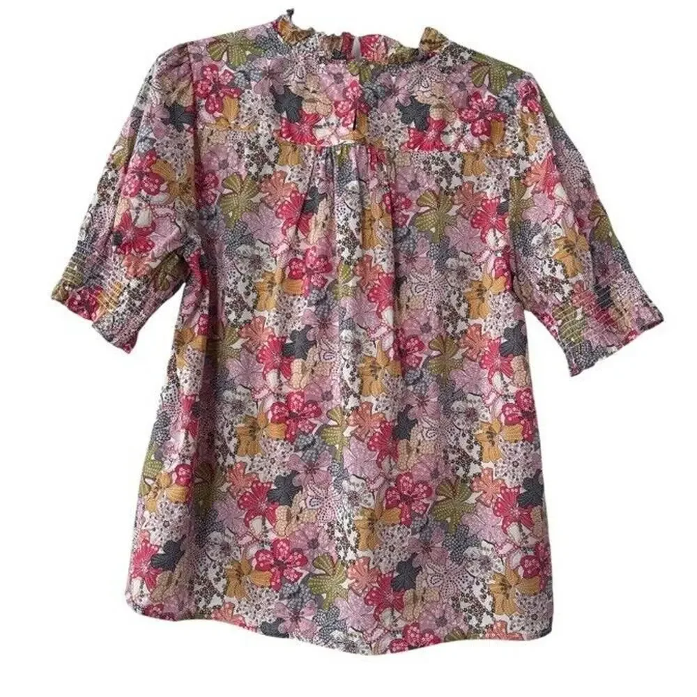 J. Crew Liberty print Floral Smocked Neck Blouse in Pink, Yellow & Green